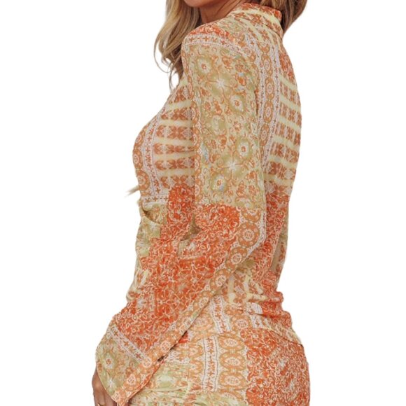 Selfie Leslie Milla Button Up Sheer Blouse Orange Long Sleeve Top Size Small - Picture 2 of 8